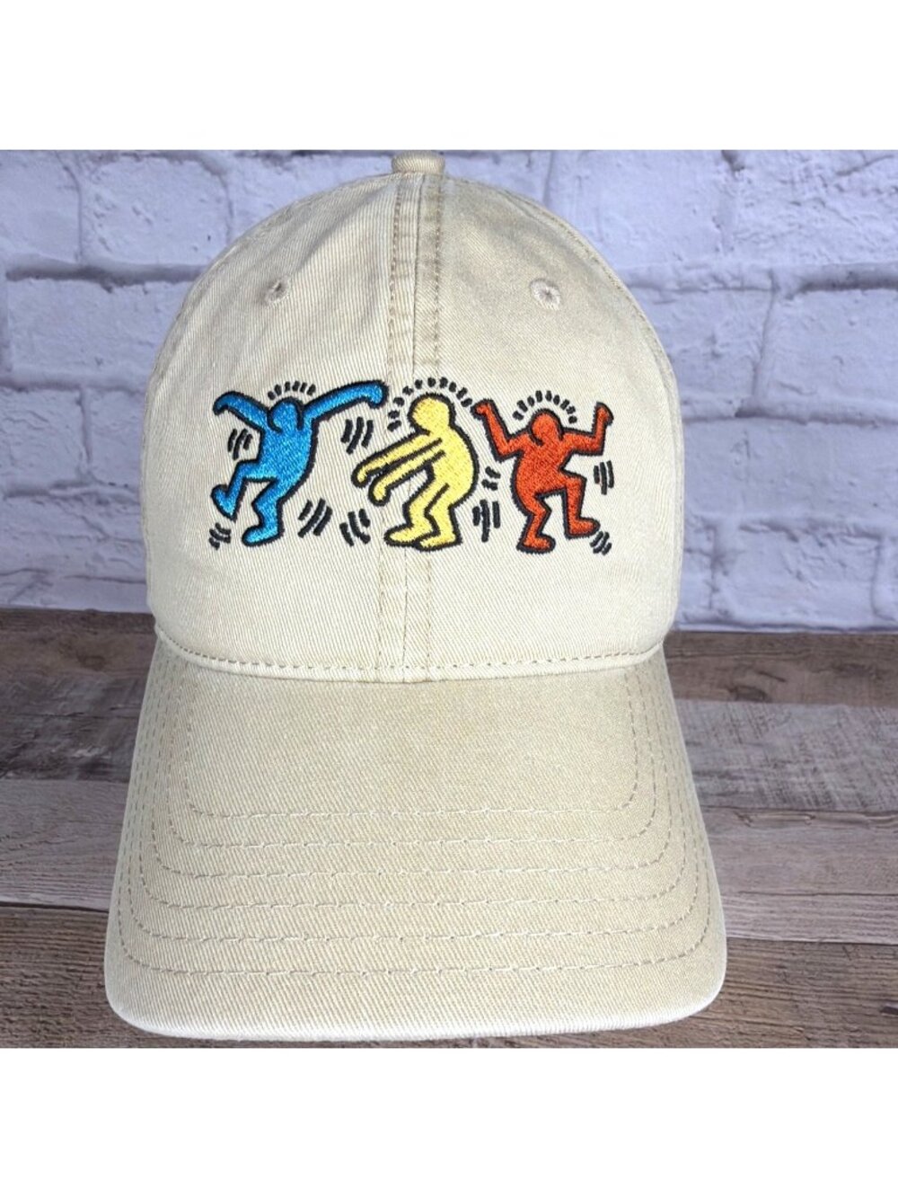 Keith Haring Dancing Figures Adjustable Baseball Cap Khaki Tan Dad Hat Cotton